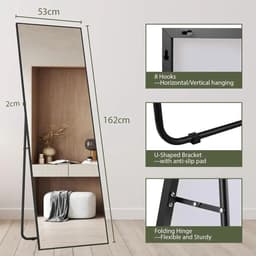 Passpiegel - Speigel - Passpiegel Staand - 162x53cm - Zwart Aluminium Frame – Rechte Hoek – Vrijstaand of Wandmontage — thumbnail 1