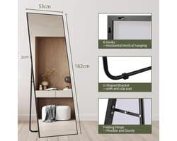 Passpiegel - Speigel - Passpiegel Staand - 162x53cm - Zwart Aluminium Frame – Rechte Hoek – Vrijstaand of Wandmontage