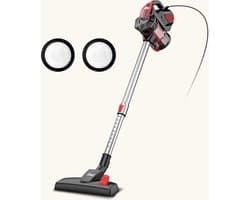 Inse - Steelstofzuiger met draad - 3 in 1 Stofzuiger zonder zak - Handstofzuiger met snoer en steel - 3 verschillende opzetstukken - 600W - Rood - 18Kpa