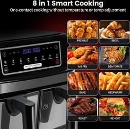 Digitale Airfryer - PFAS vrij - Groot 9 Liter - Heteluchtfriteuse - Zwart - Digital screen - 8 Voorinstellingen - Inclusief in hoogte verstelbaar Grillrack - 2 onafhankelijke 4,5L lades - met LED-touchscreen — thumbnail 6