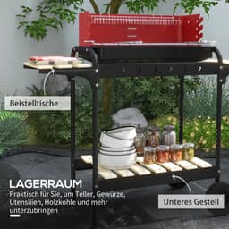 Premie Houtskool Barbecue - in Hoogte Verstelbaar Grillrooster - Grilloppervlak 53x34cm - met Houten Plank en Wielen - BBQ voor Kamperen, Buiten, Tuin - 103x47x95 cm - Rood — thumbnail 2