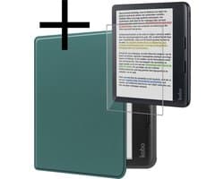 Hoes Geschikt voor Kobo Libra Colour Hoesje Bookcase Cover Book Case Hoes Sleepcover Met Screenprotector - Donkergroen