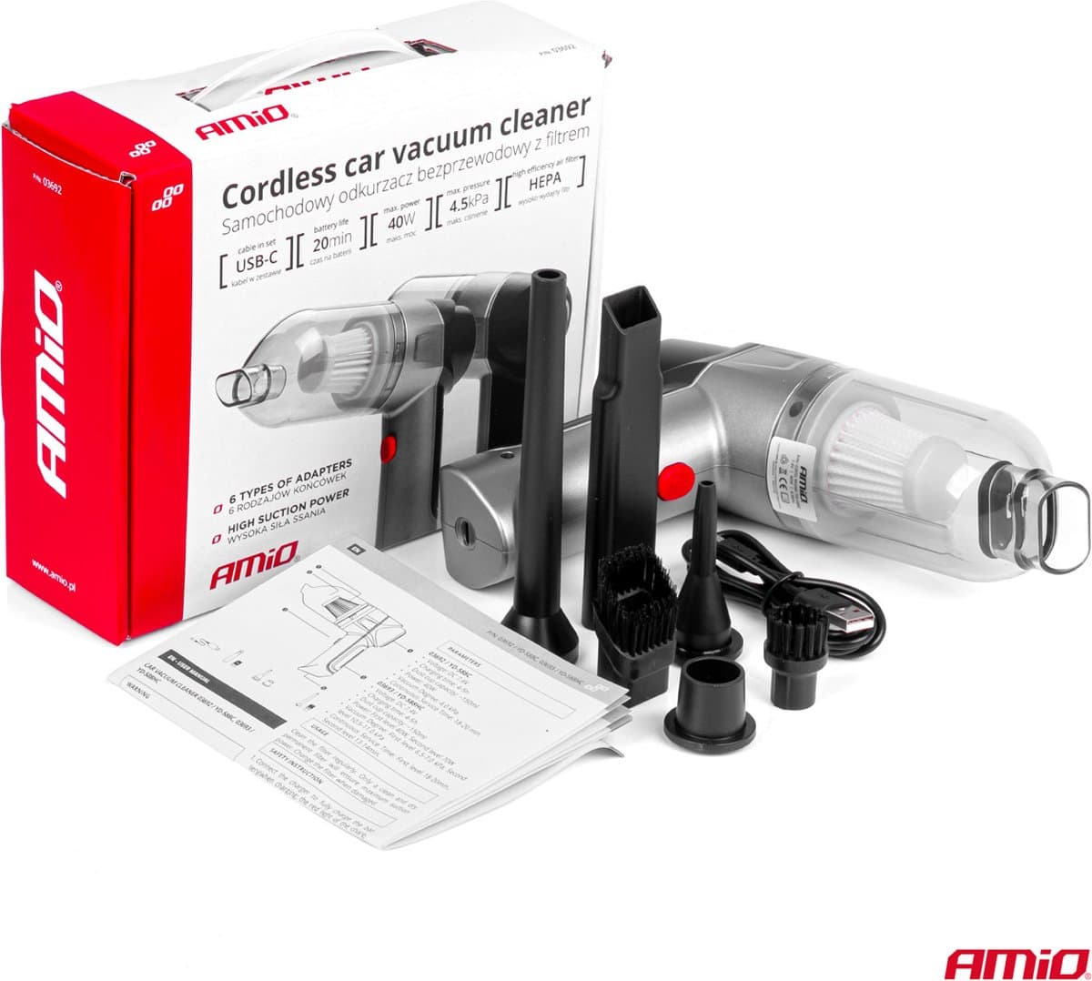 AMiO Auto Stofzuiger Draadloos - Autostofzuiger - Handstofzuiger - 40W - Grijs — afbeelding 1