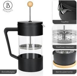 French Press Koffiezetapparaat van borosilicaatglas zwart met bamboe-elementen - inclusief cliplepel van roestvrij staal, reinigingsborstel en 2 reservefilters - voor 6 kopjes 1 liter — thumbnail 5