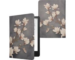 kwmobile e-reader hoesje geschikt voor Amazon Kindle Paperwhite 11. Generation 2021 hoes - E reader flip case met magneetsluiting - Ereader cover - Magnolia design in taupe / wit / blauwgrijs