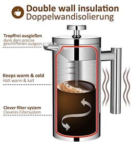 Koffiemaker French Press 0,65 liter - Dubbelwandige Roestvrijstalen Koffiebereider voor 3 Kopjes - Thermo Koffiepers — thumbnail 3