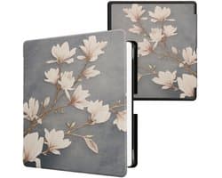 kwmobile e-reader hoesje geschikt voor Amazon Kindle Scribe (2024) hoes - E reader flip case met magnetische sluiting - Ereader cover - Magnolia design in taupe / wit / blauwgrijs
