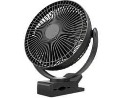 Clip-on ventilator, oplaadbare draagbare ventilator, 8 inch kleine bureauventilator - op batterijen werkende ventilator met 4 snelheden, 360° rotatie, persoonlijke ventilator geschikt voor golfkar, slaapkamer, reizen en kamperen (zwart) — afbeelding 1