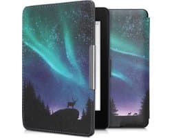 kwmobile e-reader hoesje geschikt voor Amazon Kindle Paperwhite hoes - E reader flip case met magnetische sluiting - Ereader cover - Noorderlicht Hert design in turquoise / blauw / zwart