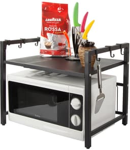 Verstelbaar Magnetronrek – Keukenschap van RVS – Zwart – Ruimtebesparend Keukenrek– magnetron rek – Keuken Magnetronkast met 6 Haken – voor Magnetrons, Airfryers, Oven – 36557 — thumbnail 3