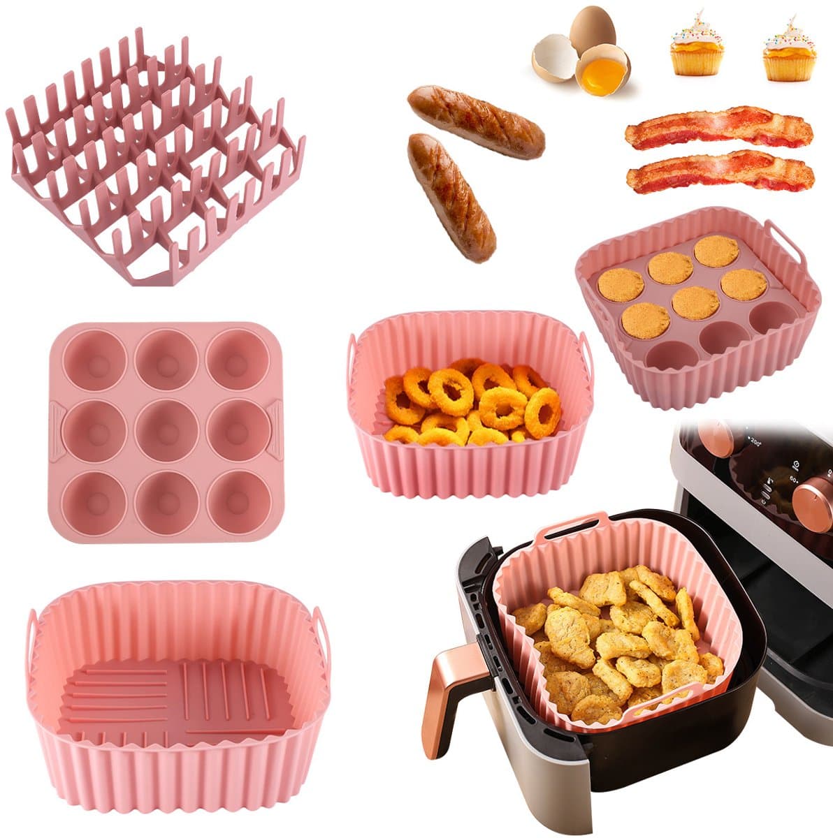 Roze driedelige set, vierkante airfryer siliconen bakplaatset, hotdog- en spekgrillrek, hittebestendige cake- en geleivormen — afbeelding 1