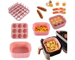 Roze driedelige set, vierkante airfryer siliconen bakplaatset, hotdog- en spekgrillrek, hittebestendige cake- en geleivormen