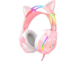 Namajunas - Gaming headsets met Microfoon - Kattenoor Headphones - Koptelefoon - Hoofdtelefoon met kabel - Noise Cancelling Microfoon - Surround Sound - RGB Verlichting - PC, Laptop, PS4, PS5, Xbox, Switch - Roze