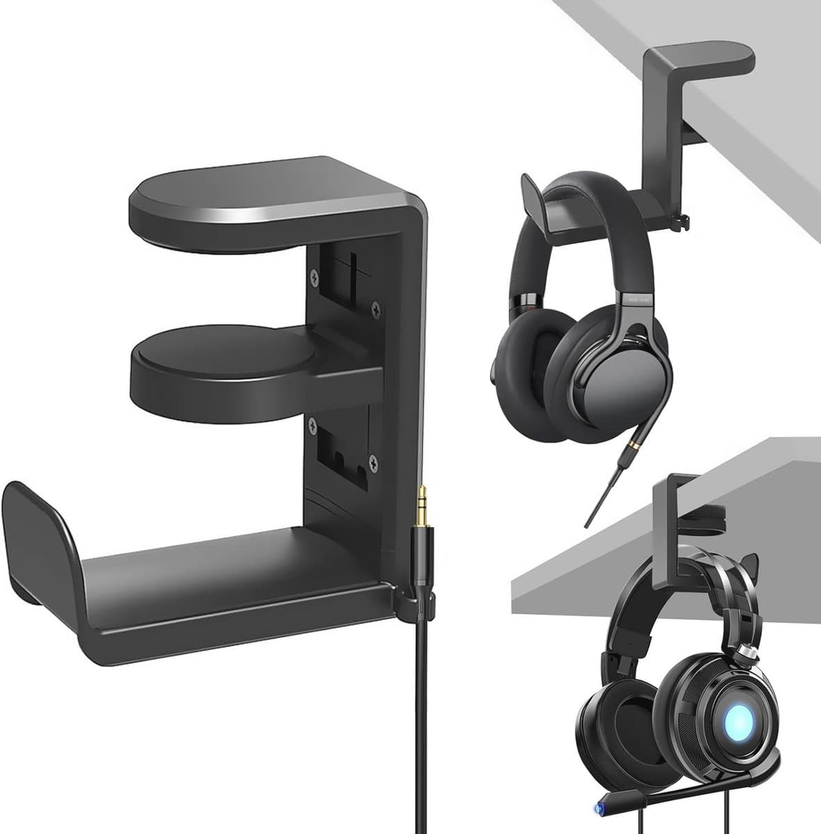 Hoofdtelefoonhouder onder bureau met 360 graden verstelbare arm en ingebouwde kabelorganizator — afbeelding 1