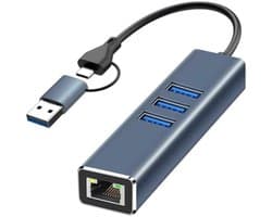 USB C naar Ethernet Adapter 3-in-1 – USB 3.0 HUB met RJ45 Netwerkaansluiting 1000 Mbps, 3x USB-A Poorten, Plug & Play, Geschikt voor Laptop, PC, MacBook, Windows, Linux en Android