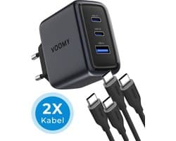 Voomy USB C Lader 65W - Oplader - Snellader met 2 Oplaadkabels - USB C Adapter - Universeel - 2 USB C & 1 USB A Poort - Geschikt voor Laptop, telefoon, tablets en meer - Space Grey