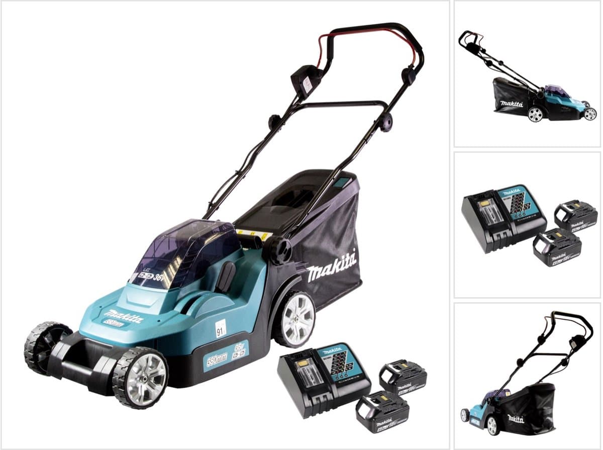 Makita DLM 382 RM2 accu grasmaaier 36 V ( 2x 18 V ) 38 cm 40 l + 2x accu 4.0 Ah + lader — afbeelding 1