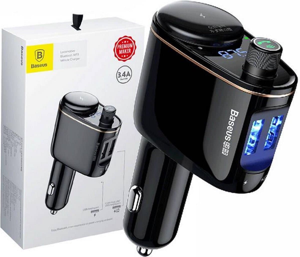 Baseus Bluetooth Muziek FM Transmitter Autolader 2x USB 3.4A Zwart — afbeelding 1