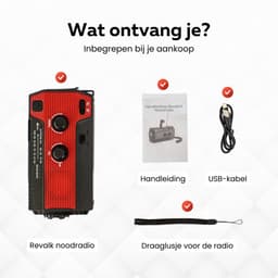 Noodradio Solar Opwindbaar en Batterijen - Noodpakket - Draagbare Survival Radio - Powerbank en Zonneenergie - Bouwradio - Zaklamp - 4000 mAh - Rood — thumbnail 2