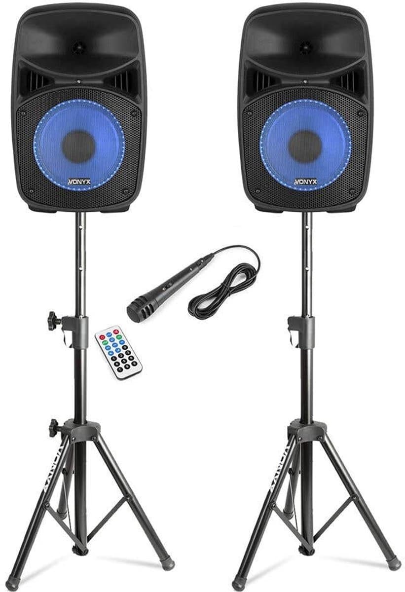Vonyx VPS082A disco speakerset - Speakers met statieven en microfoon - Ideaal voor disco en karaoke — afbeelding 1