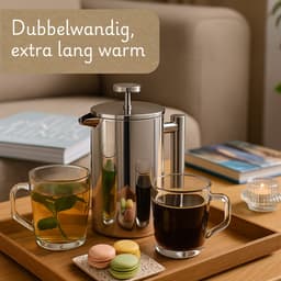 French press - cafetiere / theepot met filter - dubbelwandig RVS met theefilter voor losse thee of gemalen koffie - 1 liter — thumbnail 2