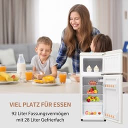 Retro koelkast. Koel-vriescombinatie, 105,5 cm hoog, 41 cm breed, twee deuren, met een totaal volume van 92 liter, vriesvolume van 28 liter. Deurvakken en glazen planken. 116 kWh/jaar, -27 °C ~13 °C, ledverlichting, wit — thumbnail 11