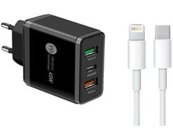 45W USB Oplader met PD25W + 2X QC3.0 Snellaadpoorten Adapter Lader - Snellader - Incl. 1M USB-C naar 8-Pin Kabel - geschikt voor iPhone en iPad - zwart