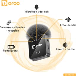Doroo® Professioneel Draadloze Microfoon - 2 Stuks - Lavalier - Windshields - Extra Lange Batterij - Dasspeld - Professioneel audio geluid - USB-C/Lightning/AUX-draadloze microfoon iphone-Android -Plug & Play - twee jaar garantie — thumbnail 4