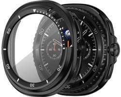 Bandz PC hard case hoesje met screenprotector - geschikt voor Samsung Galaxy Watch 8 Classic - beschermhoes van hard plastic met bezel - full cover (zwart met wit)