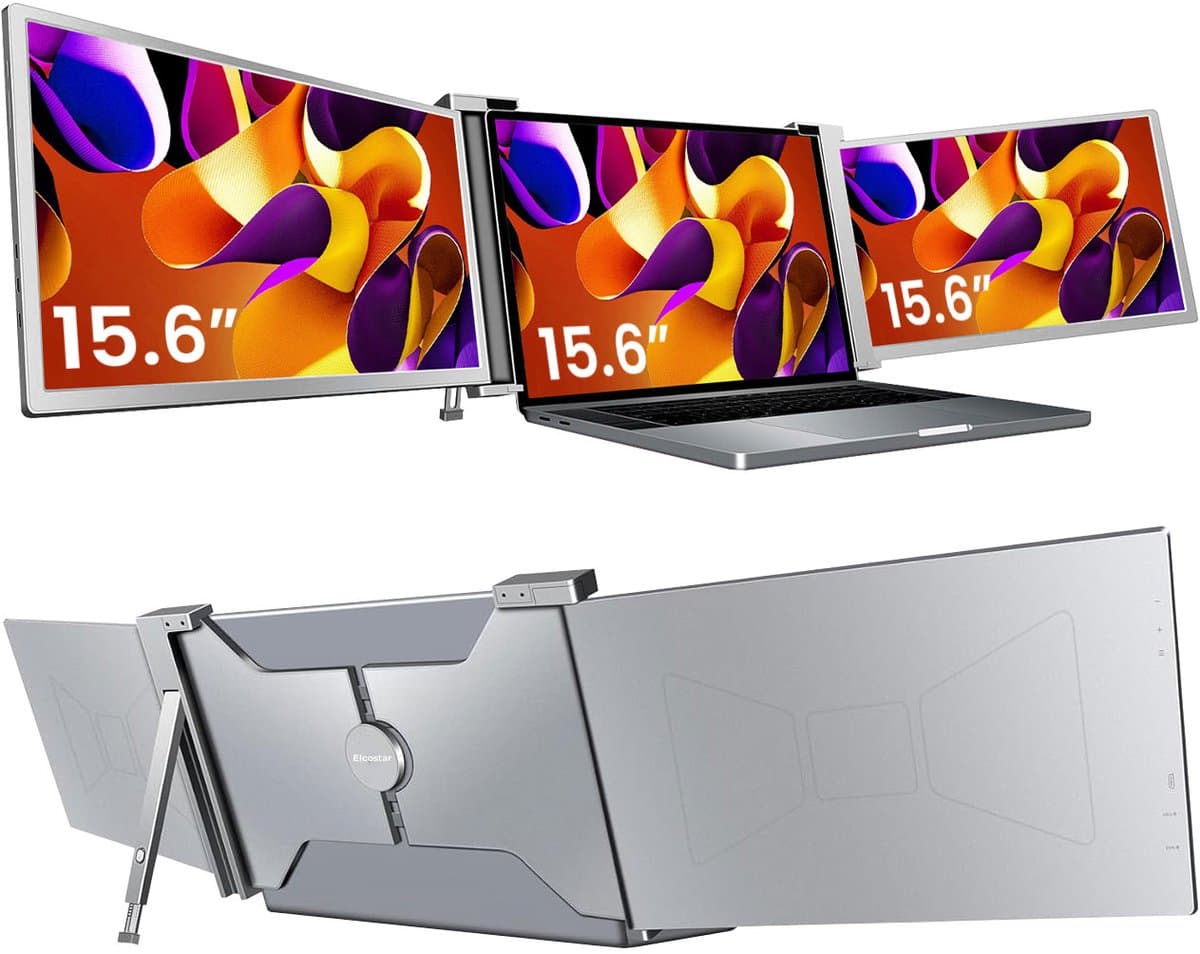 Elcostar Portable Monitor Tri-screen - 15.6 Inch - Full HD 60Hz - Draagbare Monitor - Laptop Scherm Uitbreider - Inclusief kabels en beschermhoes - Grijs - zilver — afbeelding 1