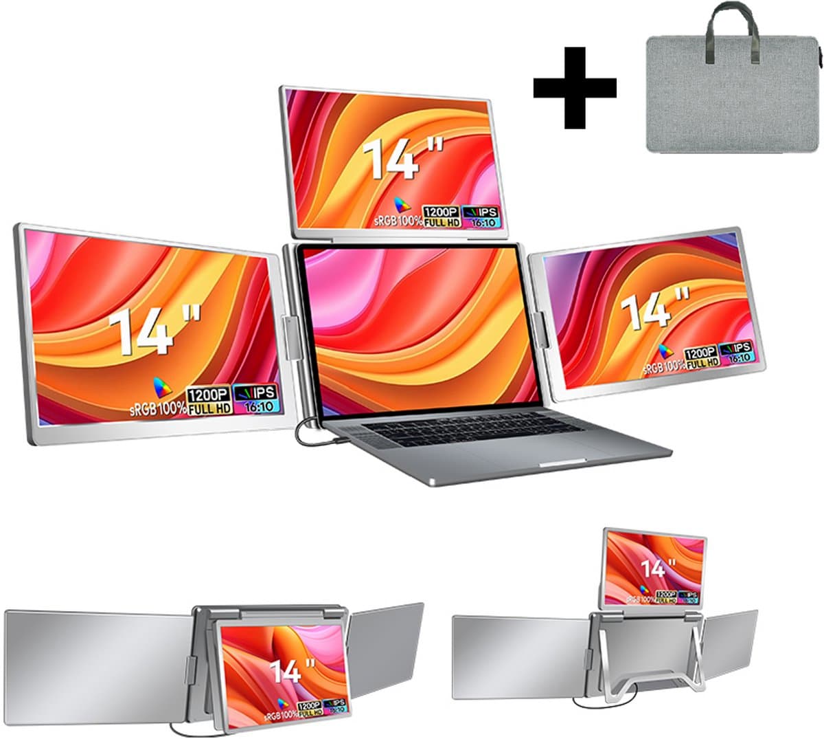 Stemap® Portable Monitor quad- Full HD - Geschikt Voor 12” / 16,5” quad-Screen - 1 Kabel Werking | Laptop Scherm Uitbreider - Inclusief Beschermhoes en Kabels - 2 Jaar Garantie — afbeelding 1