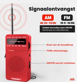 TRANSNECT® - Draagbare Noodradio - Rood - AM/FM - Op Batterijen - Koptelefoonaansluiting - Draagbare Radio - Wereldradio - Noodpakket Must Have - Zakradio - Voor Rampen - Kleine - Transistor Radio - Telescopische Antenne — thumbnail 3