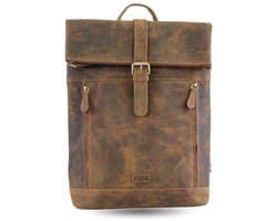 Fana Bags Leren Rugzak Bruin - Werk Rugzak met Veel Vakken - Business Rugtas - Leren Rugtas Dames / Heren - Buffelleer - Rolltop - Laptop Rugtas Leer