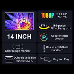 Virello® Portable Monitor Pro 2025 - 2x Full‑HD IPS 14″ scherm - Voor Laptops van 14" t/m 17.3" - Laptopscherm uitbreider - USB-C/USB-A & HDMI - Inclusief Hoes & Kabels - Zwart - 2 jaar garantie — thumbnail 2