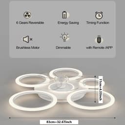 6 Ringen Plafondventilator - Wit - 6 Snelheden - Dimbaar Met Afstandsbediening en APP - Chandelier Fan - Zomer/Winter - Woonkamer Lamp - 90 cm — thumbnail 5