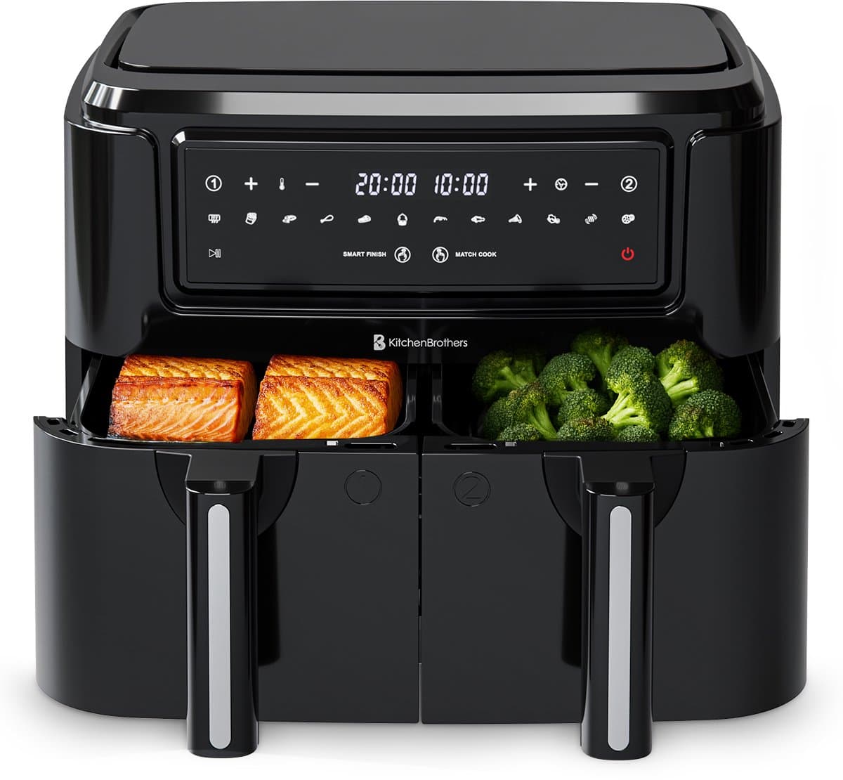 KitchenBrothers Dubbele Airfryer - PFAS-Vrij - 2400W - 9L - Heteluchtfriteuse - Dual Zone - Dubbele Mand - 50ºC tot 200ºC - 10 Kookprogramma's - Zwart — afbeelding 1
