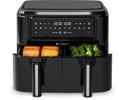 KitchenBrothers Dubbele Airfryer - PFAS-Vrij - 2400W - 9L - Heteluchtfriteuse - Dual Zone - Dubbele Mand - 50ºC tot 200ºC - 10 Kookprogramma's - Zwart