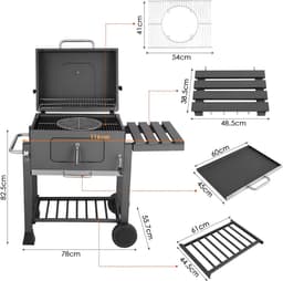 Barbecuewagen Tavien - Houtskoolbarbecue - BBQ - Smoker XXL - Houtskoolgrill - Met Wielen, Roestvrijstalen Handgreep - Perfect voor Buitenterras, Tuin en Achtertuin — thumbnail 5