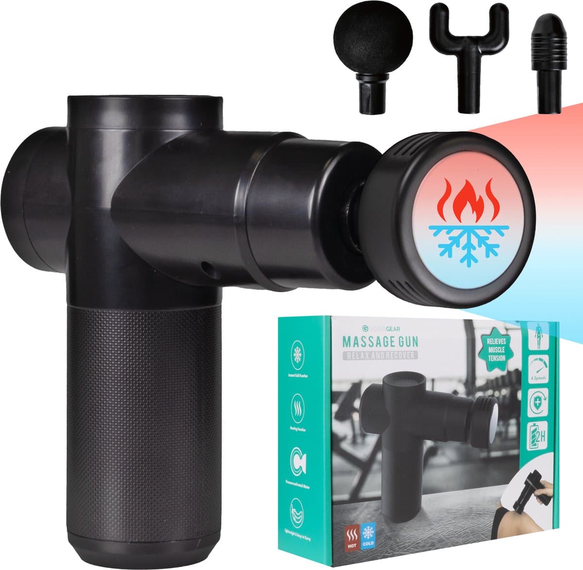 Massage Gun Professioneel - Mini Massage Apparaat - Massage Pistool Hot & Cold - Incl. 4 Opzetstukken - 13,2 x 14,5 x 4,8 cm - Zwart - Silvergear — afbeelding 1