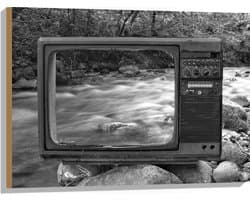 Hout - Oude Vintage Televisie met Doorkijk op Rivier (Zwart-wit) - 80x60 cm - 9 mm dik - Foto op Hout (Met Ophangsysteem)