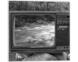 PVC Schuimplaat - Oude Vintage Televisie met Doorkijk op Rivier (Zwart-wit) - 50x50 cm Foto op PVC Schuimplaat (Met Ophangsysteem)