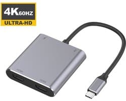 Compact USB-C Hub naar 2 x HDMI + USB3.0 + USB-C (voor opladen)