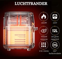 XXL Heteluchtfriteuse - 12 Liter Capaciteit - 8-in-1 Airfryer met Kijkvenster - One-Touch Bediening - 8 Programma's - Draaigrill - Rek en Afneembaar Dienblad - 1800 Watt - Zwart — thumbnail 2