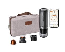 Cerapresso Travel Kit draagbare espressomachine - Bluetooth-app, temperatuurkeuze tot 96°C, pre-infusie en instelbare starttijd - dubbele espresso - capsules en gemalen koffie - 13.500 mAh accu, tot 8 espresso’s per lading - reiskoffer - Cera+
