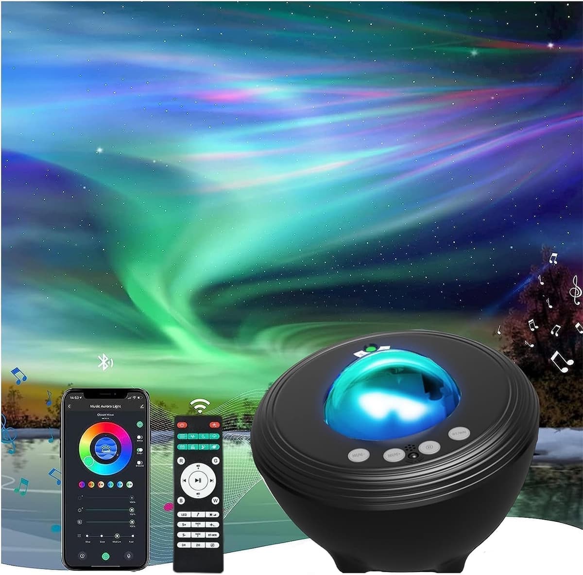 Sterrenlichtprojector voor slaapkamer met 33 verlichting, Aurora-projector met Bluetooth 5.0-luidspreker, Smart APP, 8 witte geluiden nachtlampje met IR-afstandsbediening — afbeelding 1
