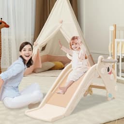 Glijbaan voor binnen en buiten, babyglijbaan voor peuters -2 jaar, 2-in-1 kinderglijbaan met basketbalmand en lange glijbaan, stabiele kunststof glijbaan — thumbnail 5
