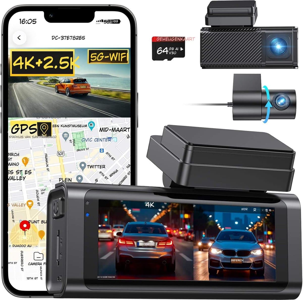 Kavora®Draadloze Dashcam - Draadloos CarPlay-Scherm - Dashcam met CarPlay - Zwart - 4cm x 9cm x 6cm — afbeelding 1