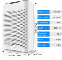 Luchtreiniger Wit - HEPA-filter Voor Middelgrote Ruimtes - 258 m³/h Capaciteit - 3 Snelheden - Timer Functie - Voor Thuis En Kantoor — thumbnail 5