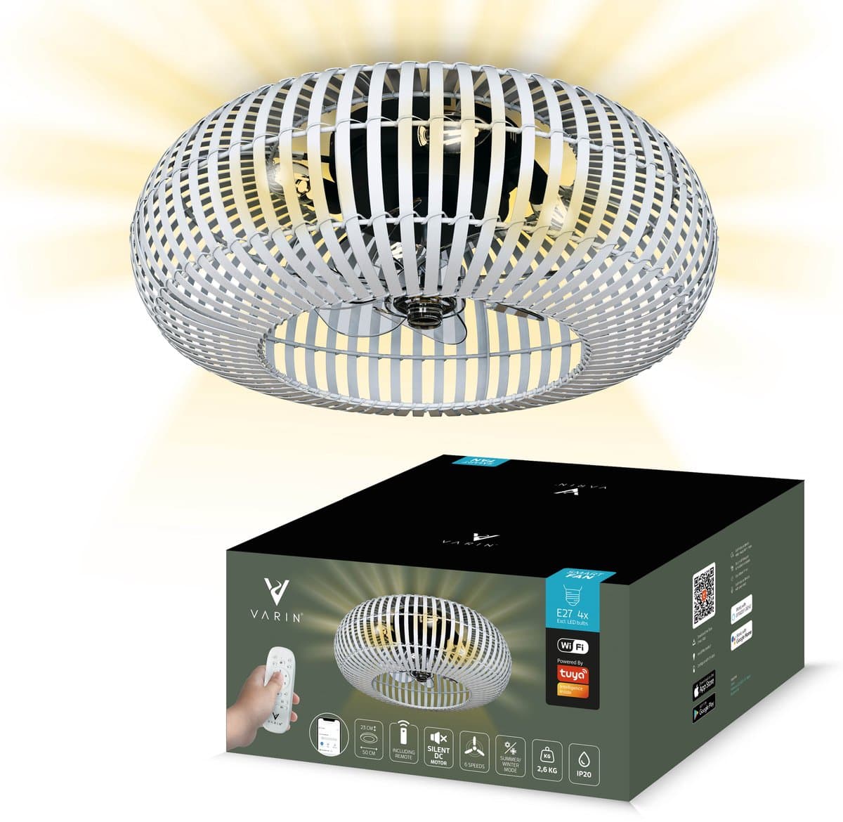 Varin® Smart Ventilator - Bamboe Wit - Tuya Wifi - Ø 50cm - 18W Plafondventilator met verlichting - Smart lamp slaapkamer - Plafonniere kinderkamer - Plafondlampen industrieel - Plafond lamp - Afstandsbediening - Plafond ventilator — afbeelding 1