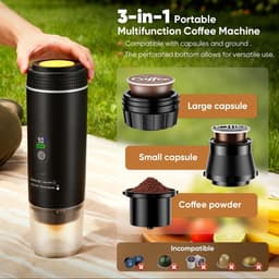 Mini-koffiezetapparaat 3 in 1 met batterij - Auto-espressomachine USB-C - Compatibel met capsules en gemalen koffie - Ideaal voor campercamping en reiscadeaus, zwart — thumbnail 2
